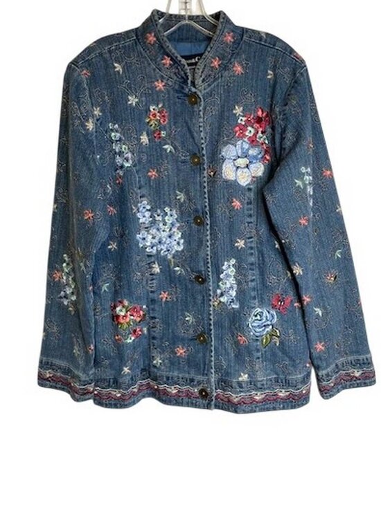 Denim & Co Jackets & Blazers - Denim & Co. Stretch Denim Jacket with Allover Embroidery Vintage MEDIUM